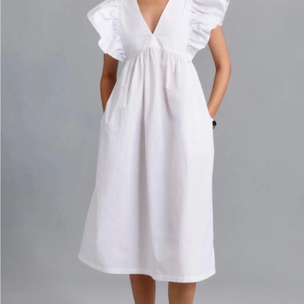 Maeve by Anthropologie White Midi Dress with flutter sleeves